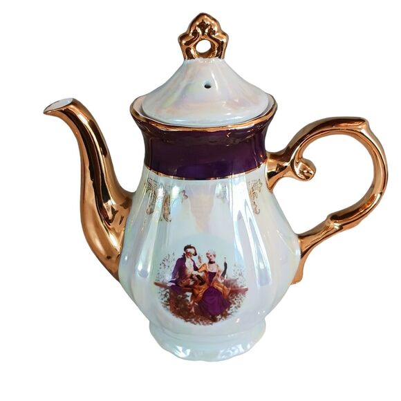GNA Fine Porcelain 8.5" Tea Pot GOLD Hand Painted Victorian Courtship Iridescent - Picture 7 of 16